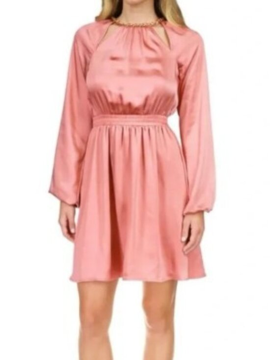 MICHAEL Michael Kors Dresses & Skirts - MICHAEL Michael Kors Womens Mini Dress Pink Gold Chain Neck Cut Outs Satin M